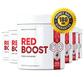 Six bottles of Red Boost with money back guarantee seal, 180 day supply pack
